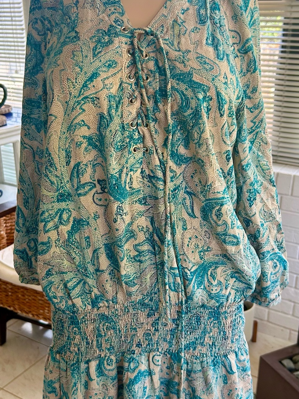 Antik Batik Teal and White Paisley Mini Dress